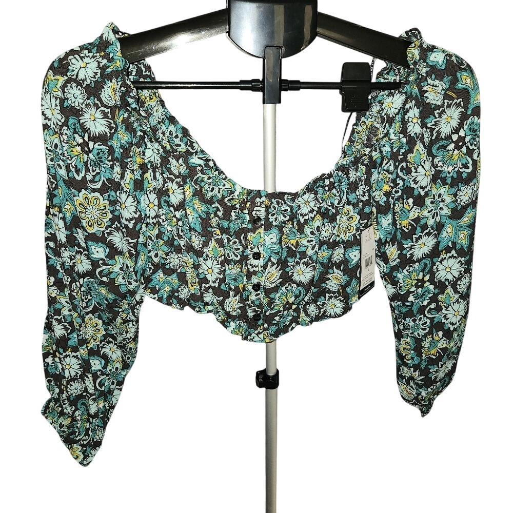 Volcom‎ Beau Beau Top Floral Print Smocked Square Neck Long Sleeve Crop